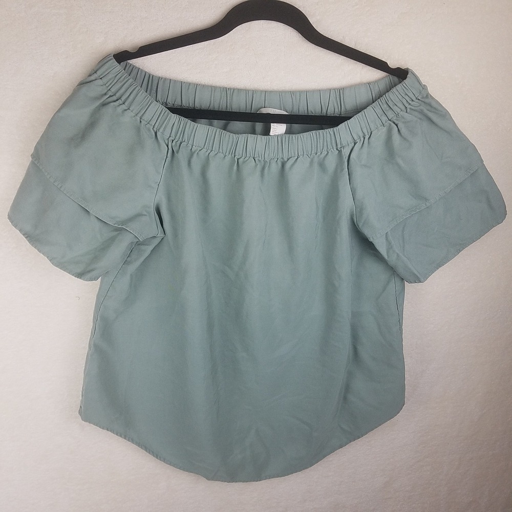 H&M Blouse Women 12 Sage Green Excellent Off Shoulder Tiered Sleeve Lyocell Top